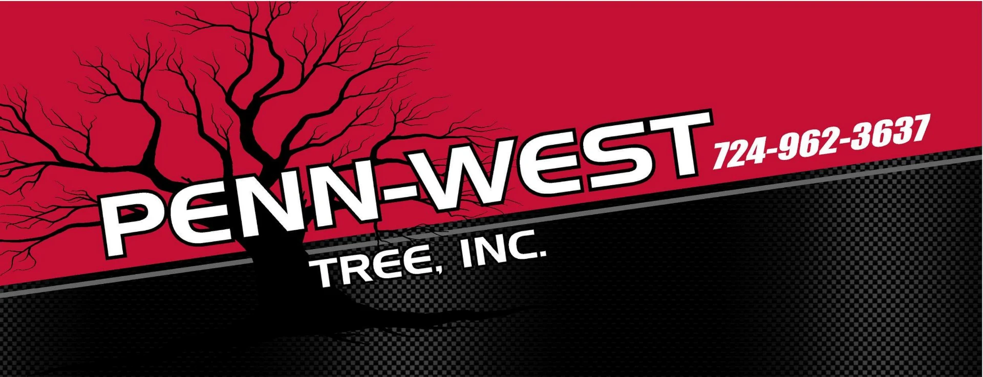 Penn West Tree Service, Inc. logo with bare tree on red and black