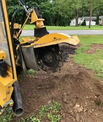Stump grinder grinding a tree stump below grade in a Hermitage, PA yard